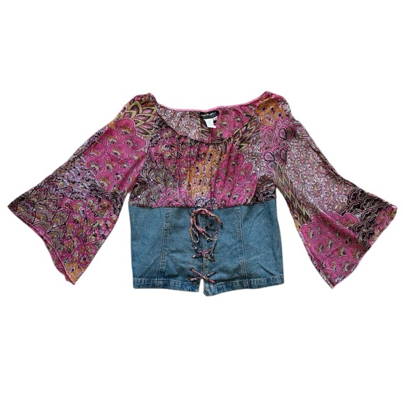 Vintage Tops - Vintage Y2K Bell Sleeve Crop Top Boho Paisley Denim Corset L